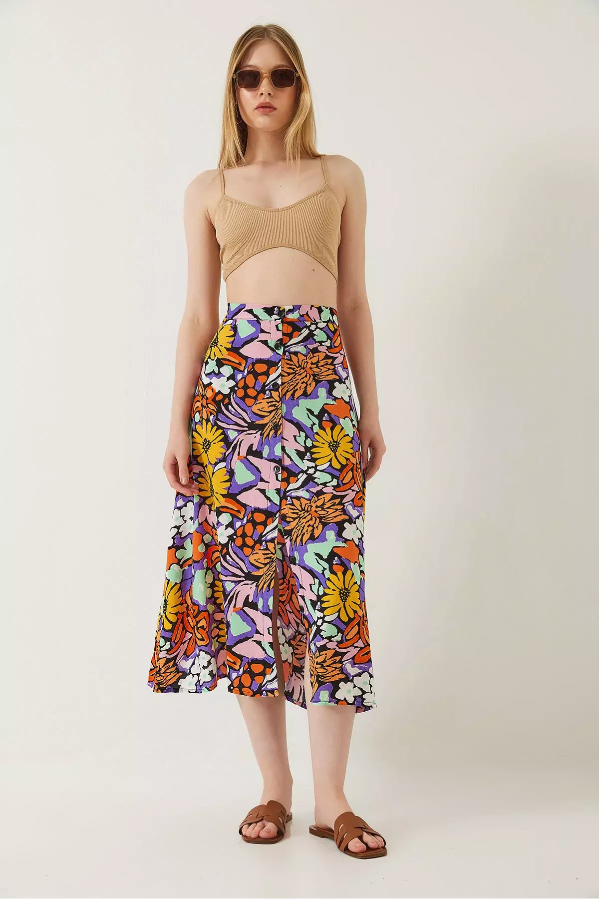 Women's Multi Patterned Front Buttoned Viscose Skirt 60261351