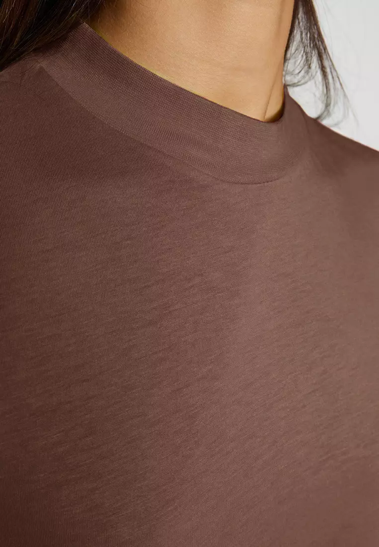 Light Brown 100% Cotton Basic Regular/Normal Pattern Stand Collar Knitted T-Shirt TWOAW20TS0096