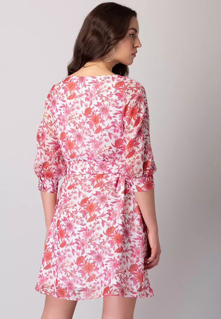 White Floral Print Shift Dress With Buckle Belt