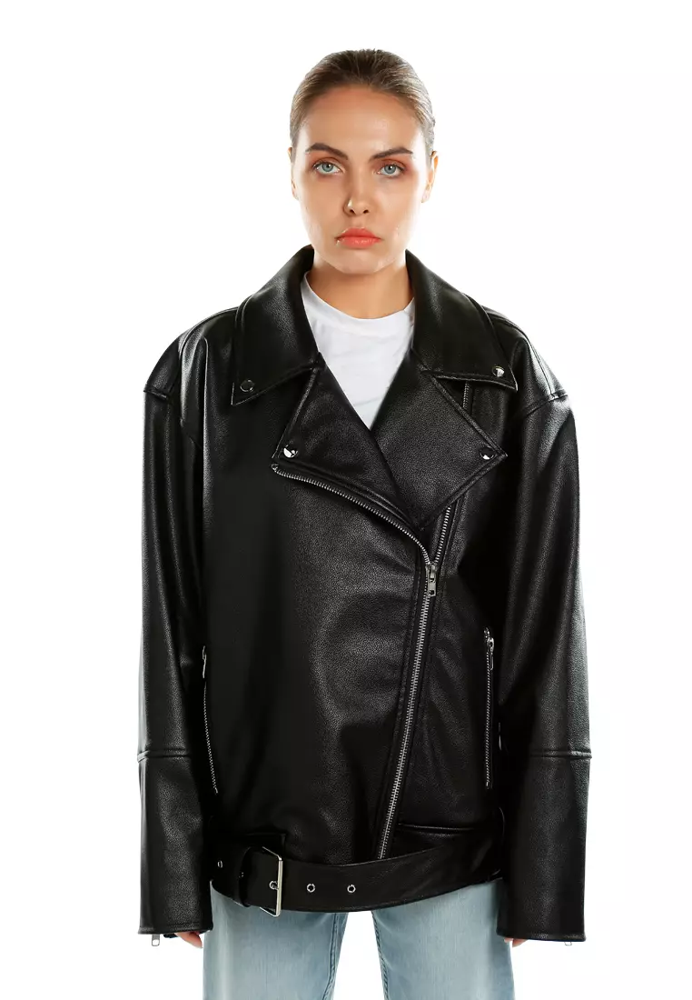 Unisex Belted Oversized Biker Jacket in Black