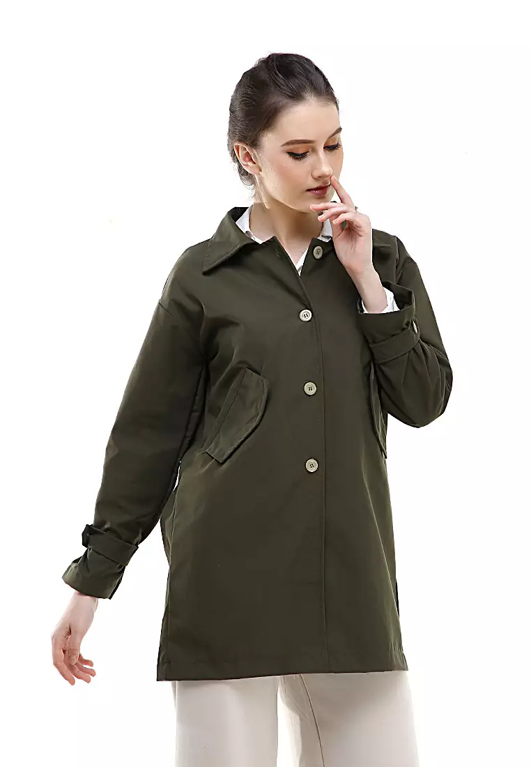 Qemsya Blazer Wanita Four Botton Casual Longsleeve Outer Material Baby Canvas ORIGINAL - Army