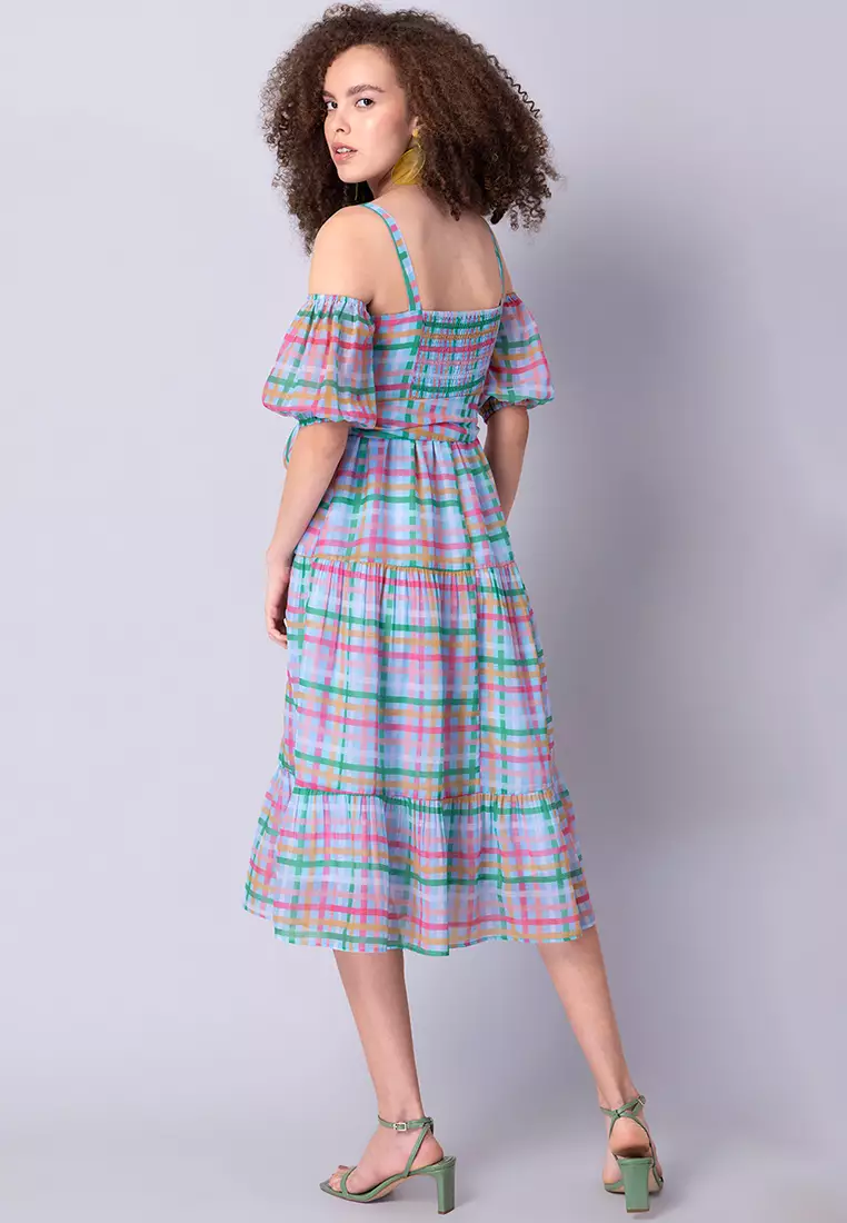 Multicolored Checked Cold Shoulder Midi Dress