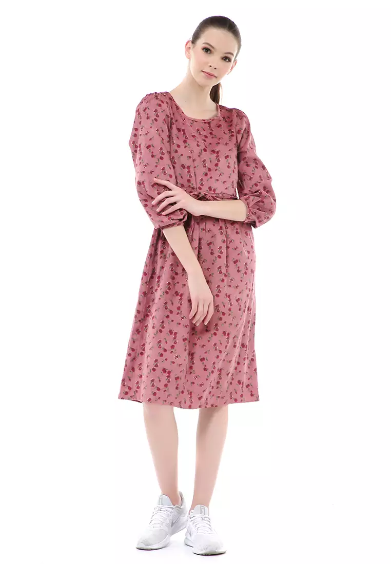 Rachel Dress Wanita Motif Bunga Elegant Design Long Sleeve Material Flanel ORIGINAL - Red