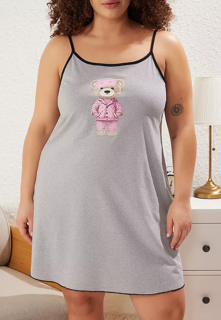 Teddy Bear Printed Thin Straps Nightgown