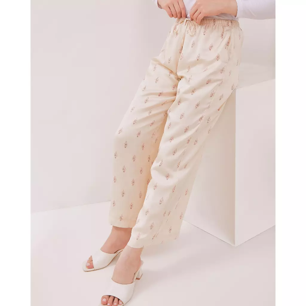 Urban Exchange Pants Shula Beige - Celana Kulot Panjang Prints Satin Cream