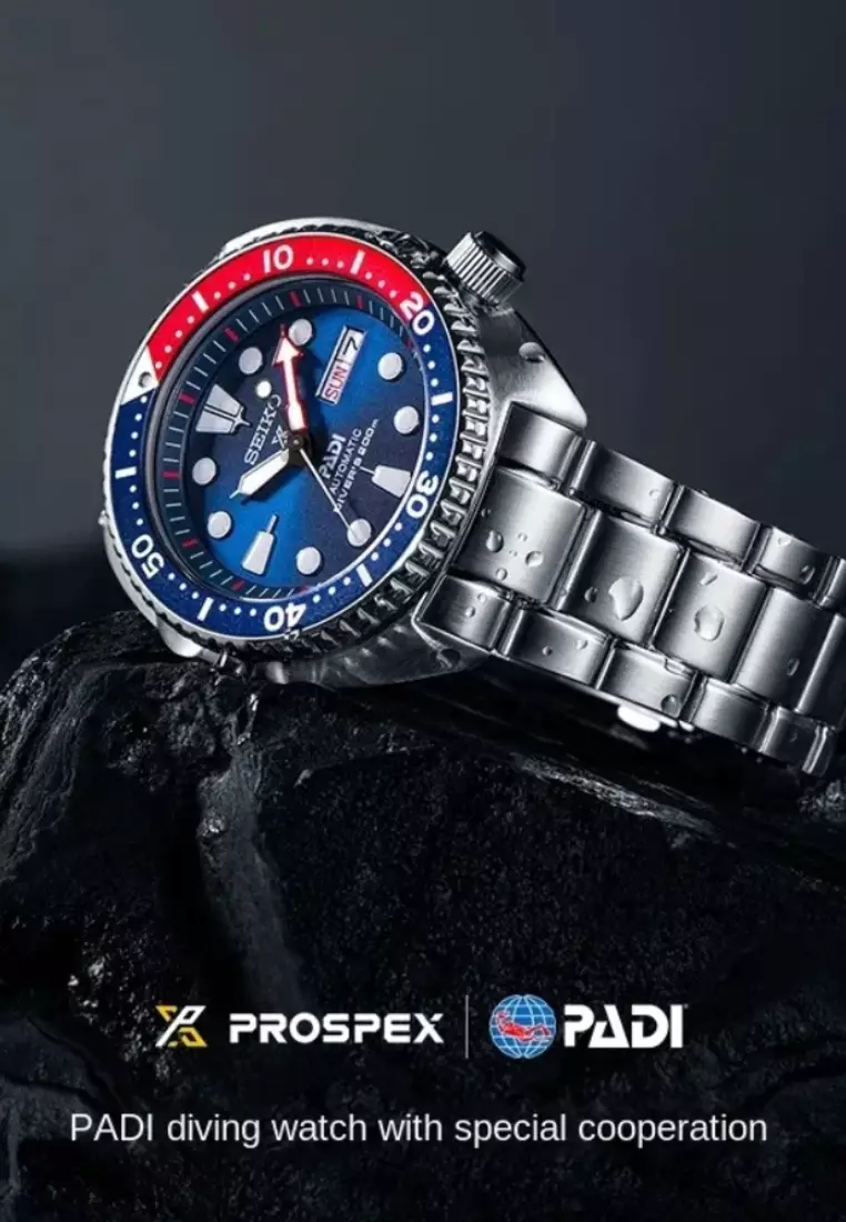 Seiko Prospex 'Turtle' PADI Special Edition Blue Dial With Red & Blue Bezel Stainless Steel Band Automatic SRPE99K1