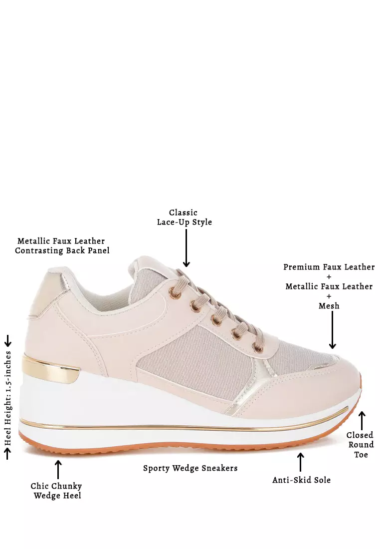 Faux Leather & Mesh Sneakers In Beige