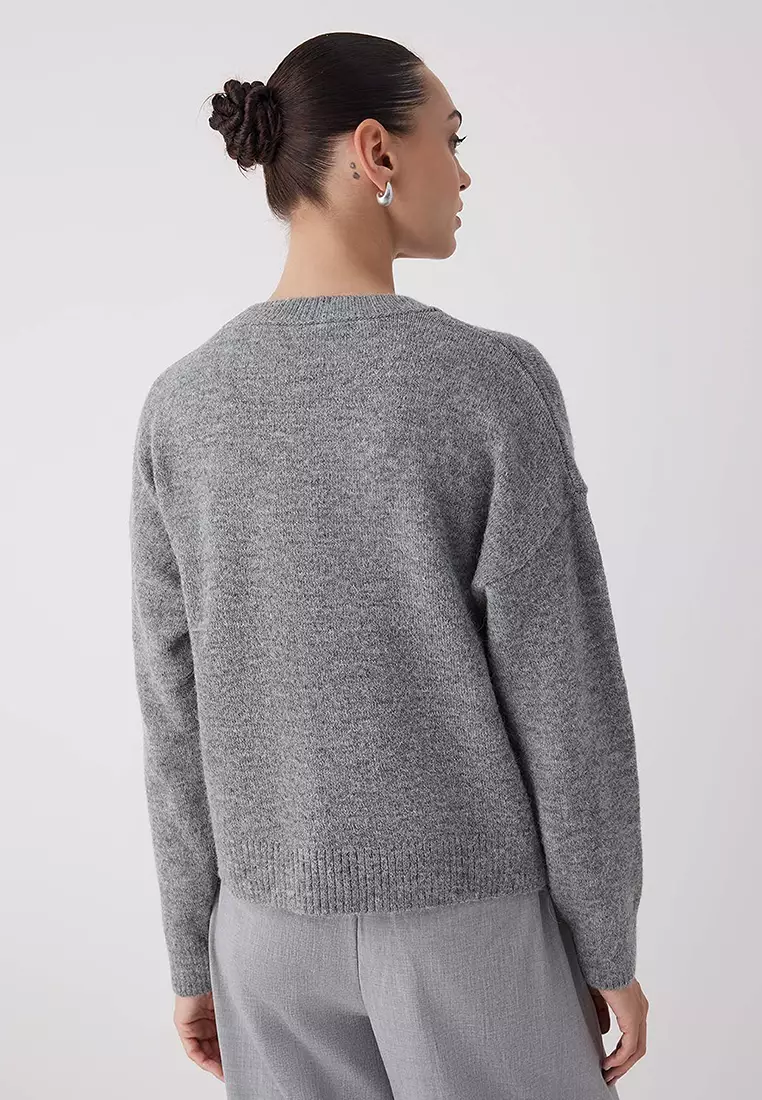 Anthracite Alpaca Wool Blended Premium/Special Yarn Wide Fit Basic Knitwear Sweater