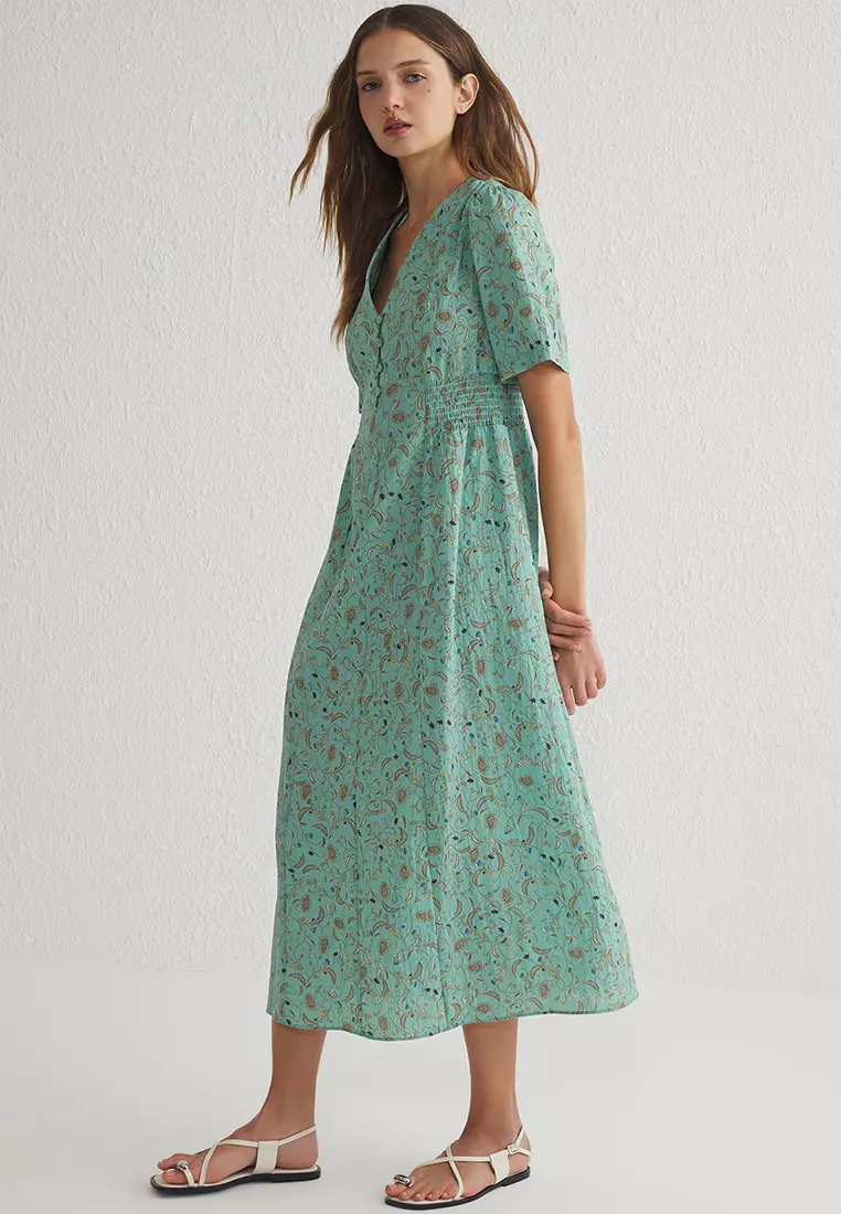 Green Floral A-Line Gipel Midi Woven Dress TWOSS25EL00115