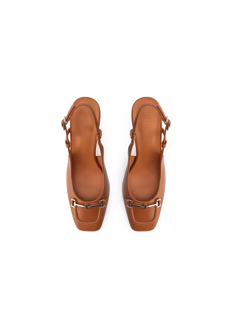 METAL BUCKLE SQUARE TOE SLINGBACK BLOCK HEEL