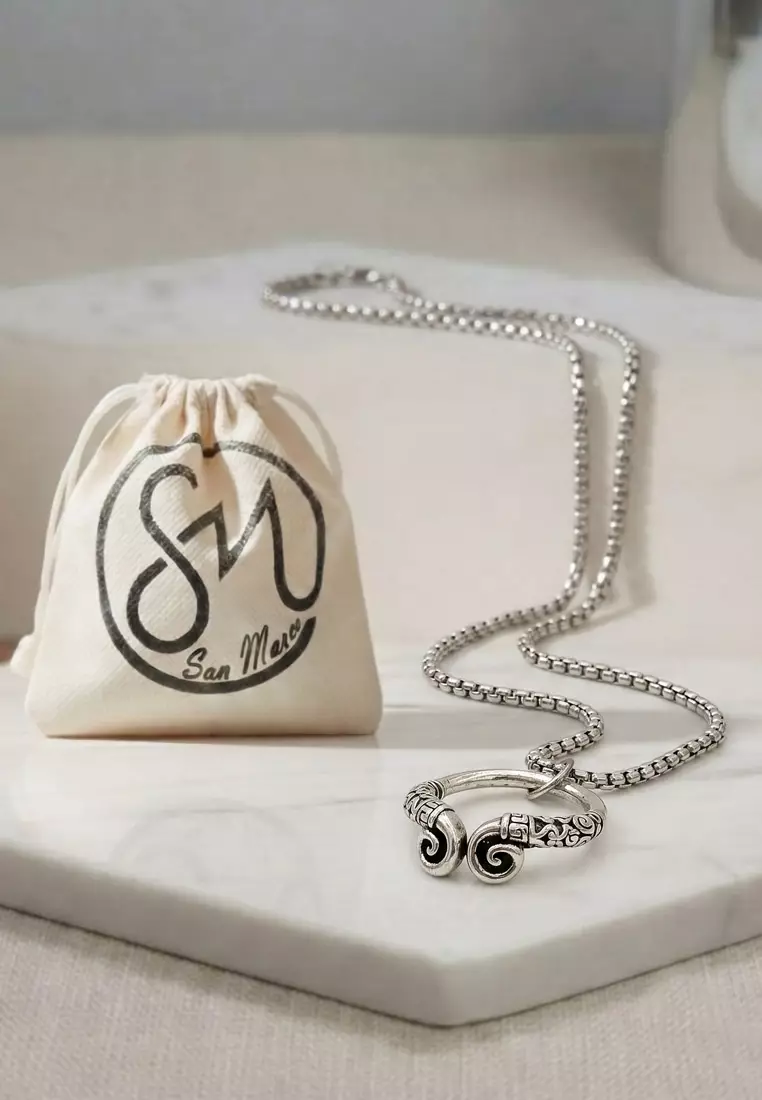 Aksesoris Pria Curled Ring Pendant Premium Stainless Steel Necklace Kalung Pria Cincin Silver