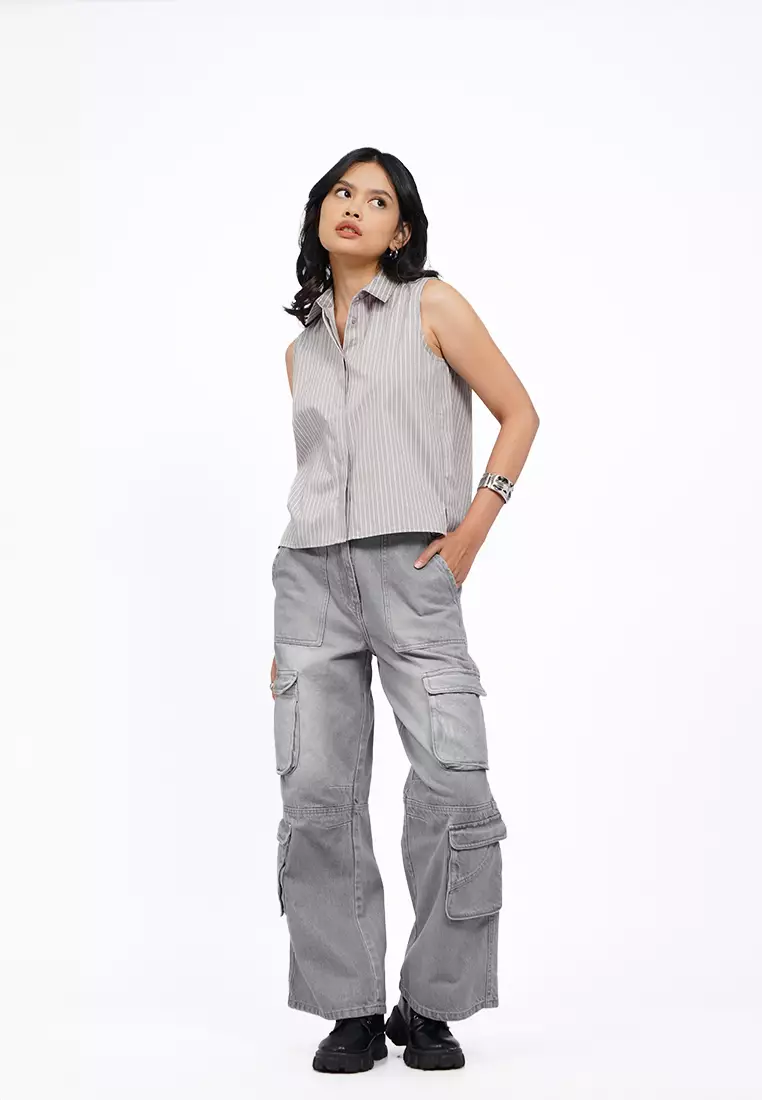 Wide Leg Cargo Denim Pants