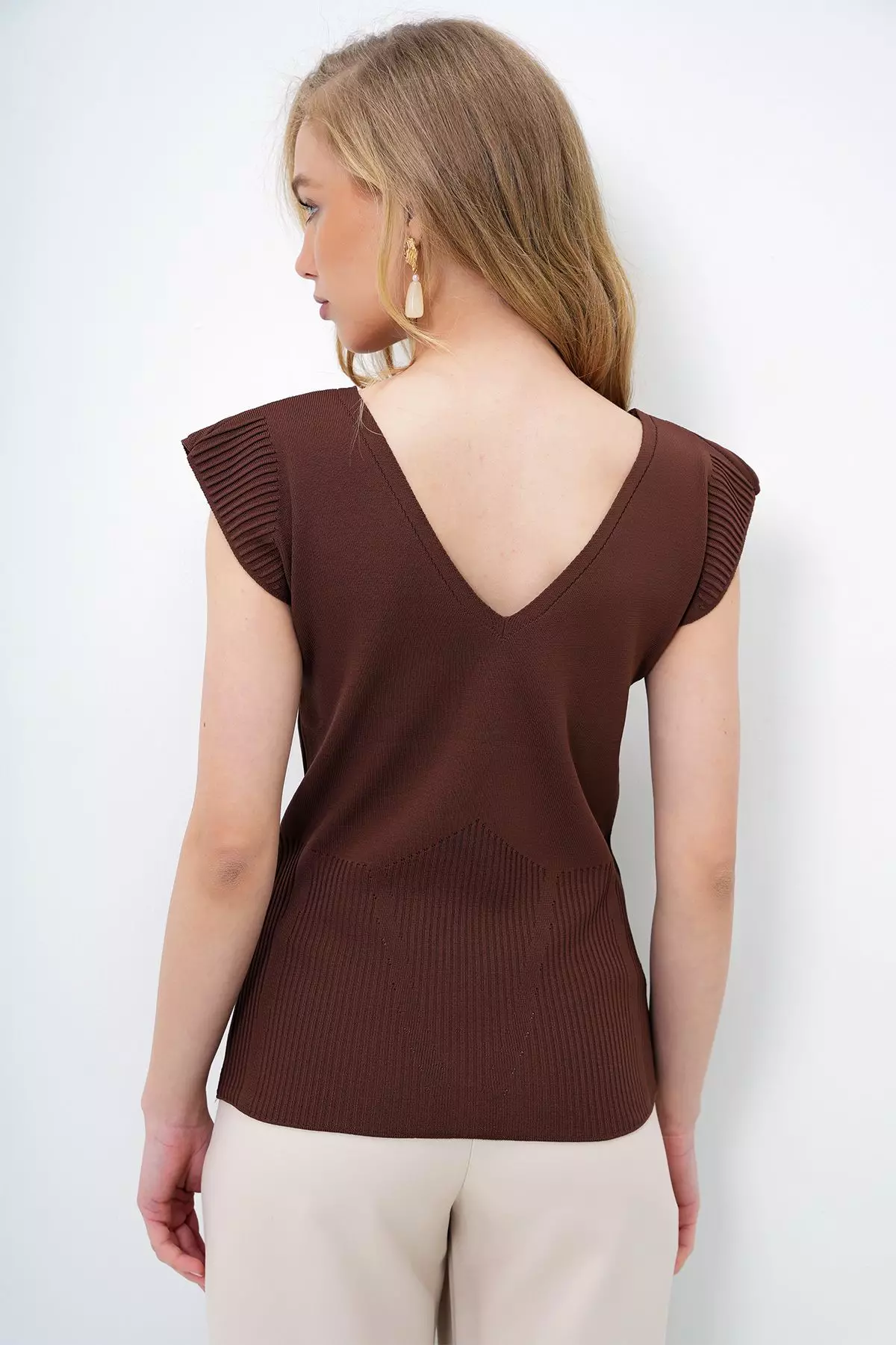 Women's Brown Front Back V-Neck Summer Knitwear Blouse