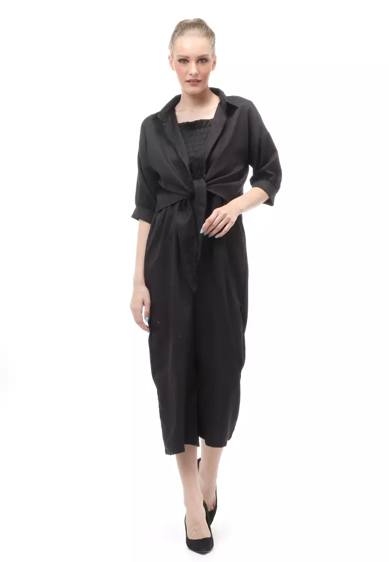 Jumpsuit Wanita Casual Motif Solid Setelan Relaxed Fit - Hitam