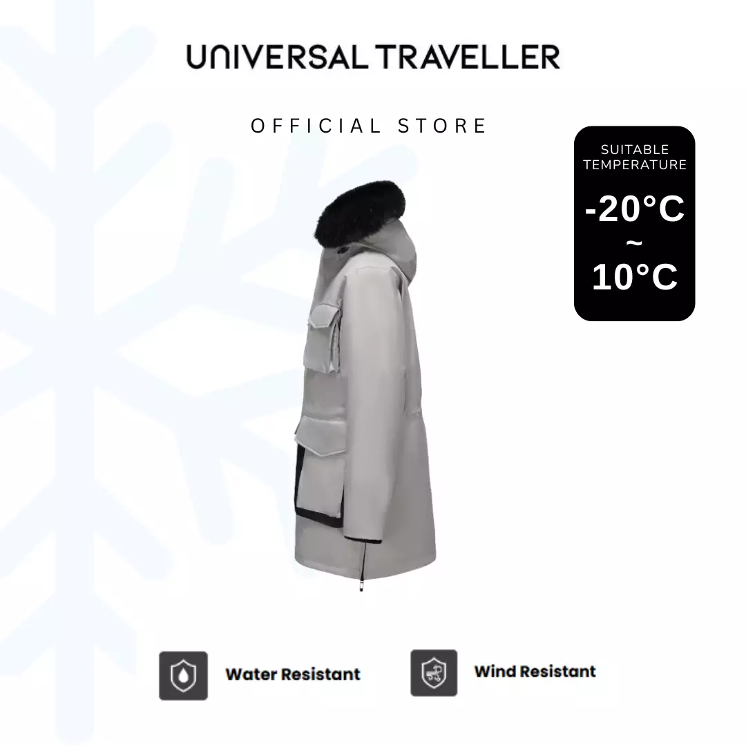 UNIVERSAL TRAVELLER MID-LENGTH DOWN JACKET WITH FUR-LINED HOOD DJ25007