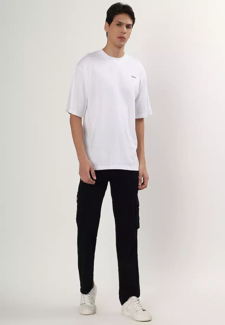 龙武士白色图案棉质宽松T恤/T恤，男士，圆领，短袖，街头潮流