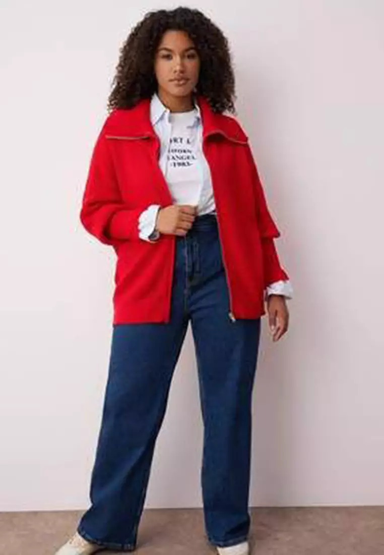 Red Turn-Down Collar Zipper Crop Knitwear Cardigan Tbbaw25Av00009