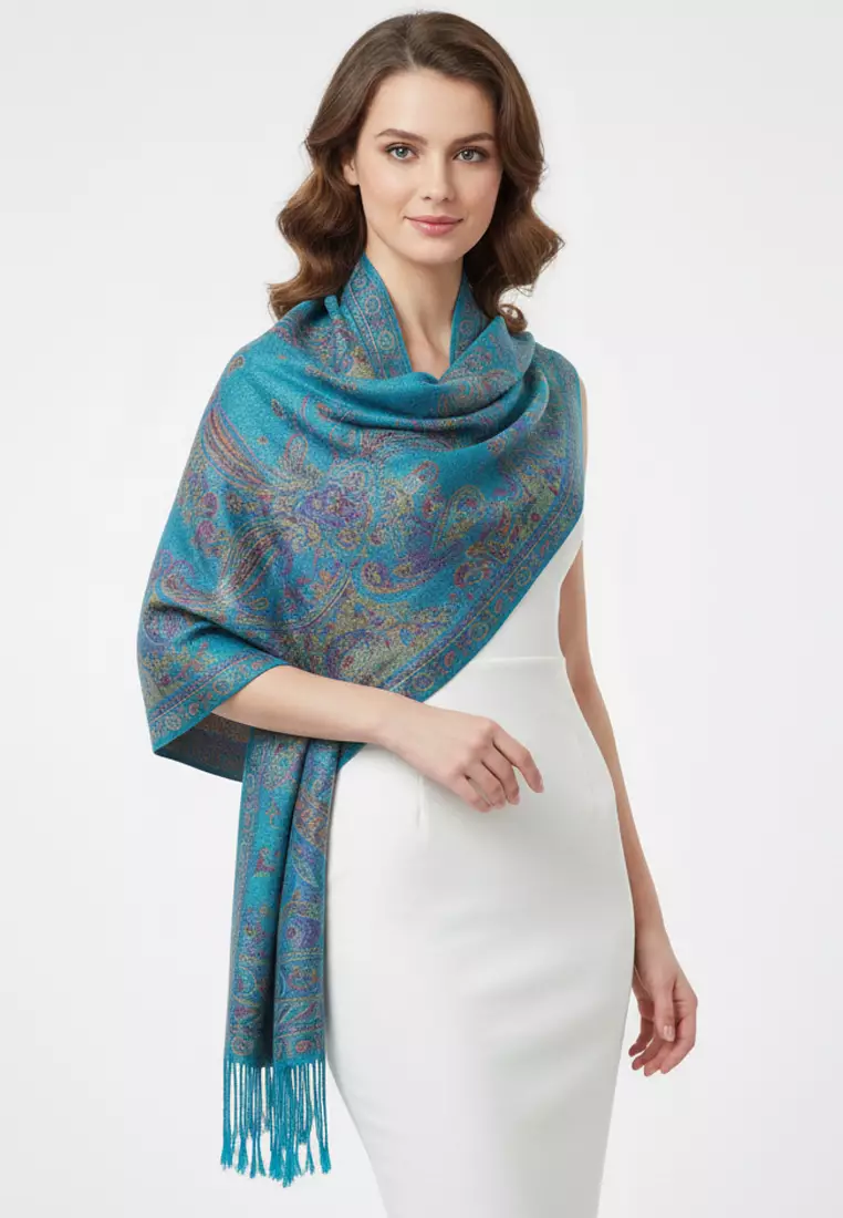 Aksesoris Wanita Reversible Viscose Full Paisley Pattern Pashmina Shawl Syal Wanita Teal Blossom