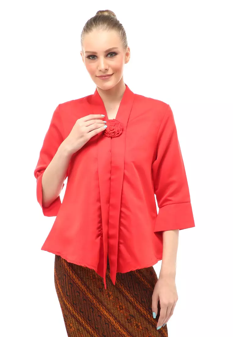 Elvia Kebaya Atasan Wanita Lengan Panjang Design Casual - Merah