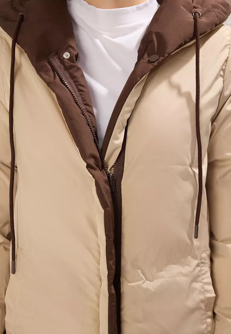 Dark Brown-Ecru Double-Sided Hooded Water Repellent Long Puffer Jacket TWOAW23MO00052