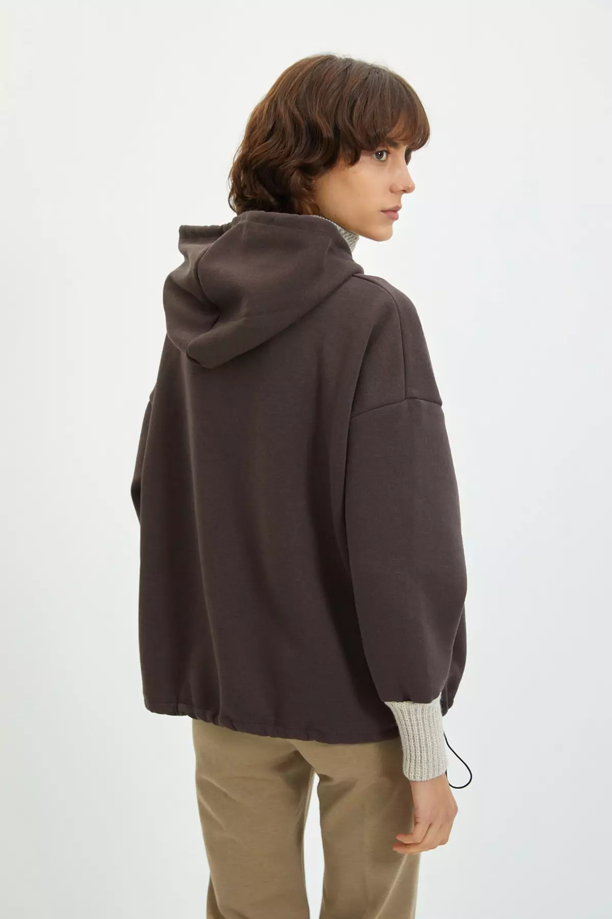 Brown Thick Fleece Inner Tricot Tape Detailed Hooded Knitted Sweatshirt