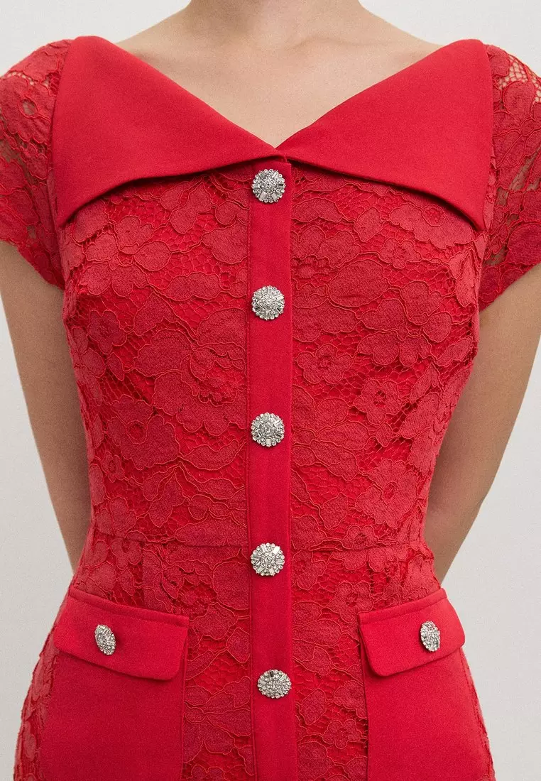 Lace Button-Up Midi Dress - Red