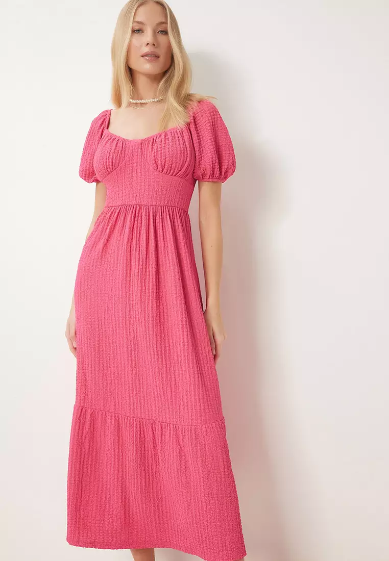 Heart Neck Textured Summer Knitted Dress