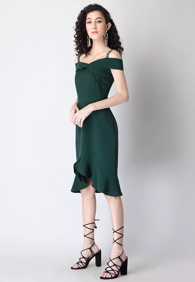 Green Ruffled Embellished Strap Bodycon Dress