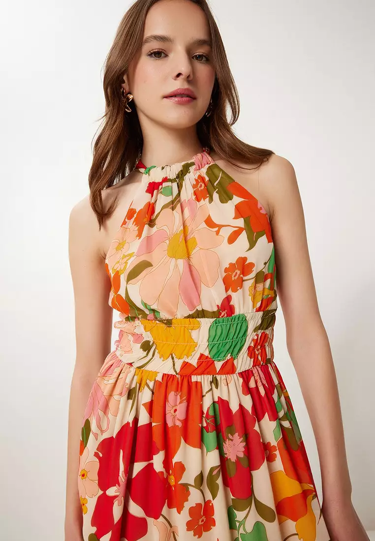 Women's Orange Pink Patterned Flounced Midi Chiffon Dress Fg00029