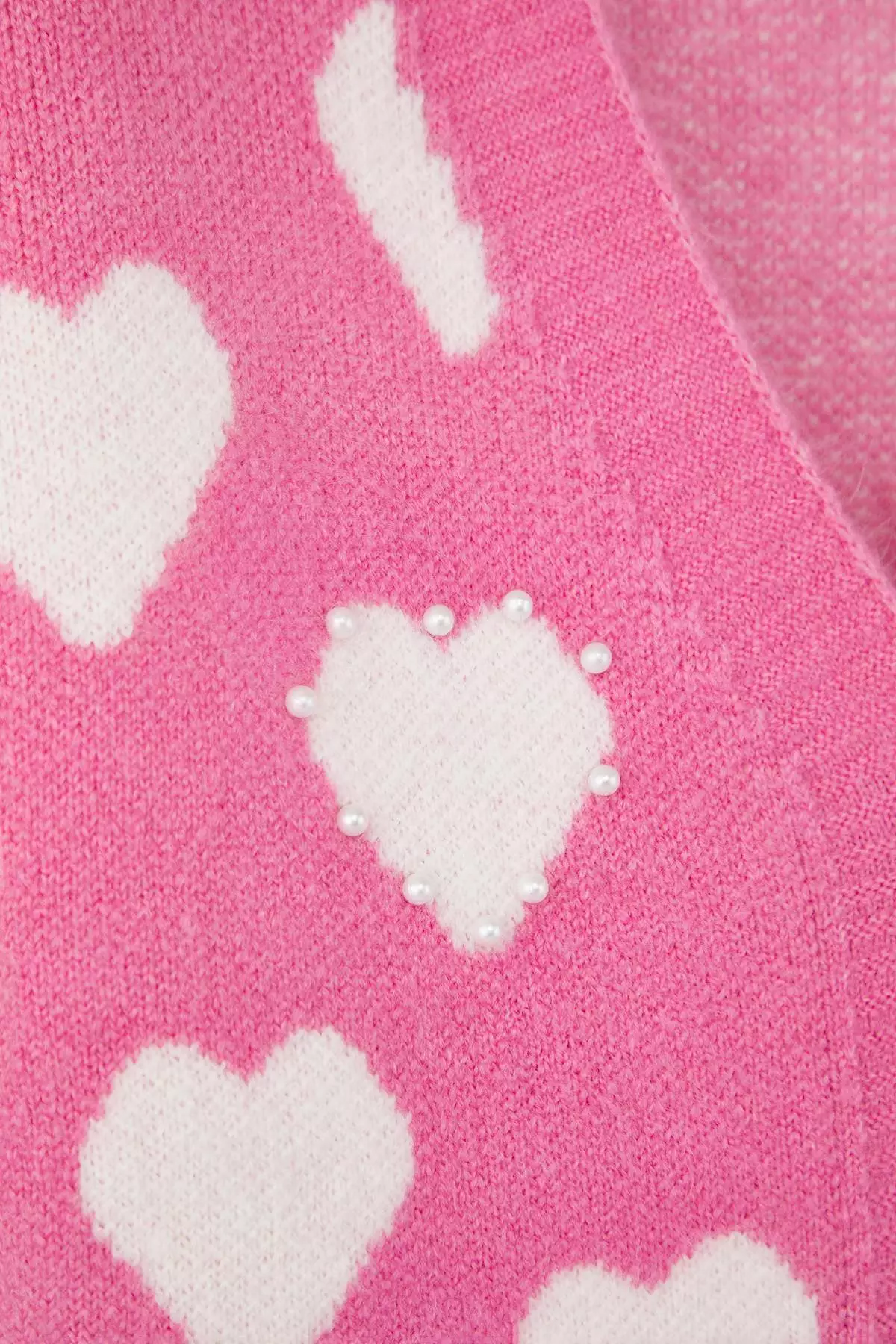 Teen Pink Soft Textured Heart Patterned Pearl Detailed Knitwear Cardigan