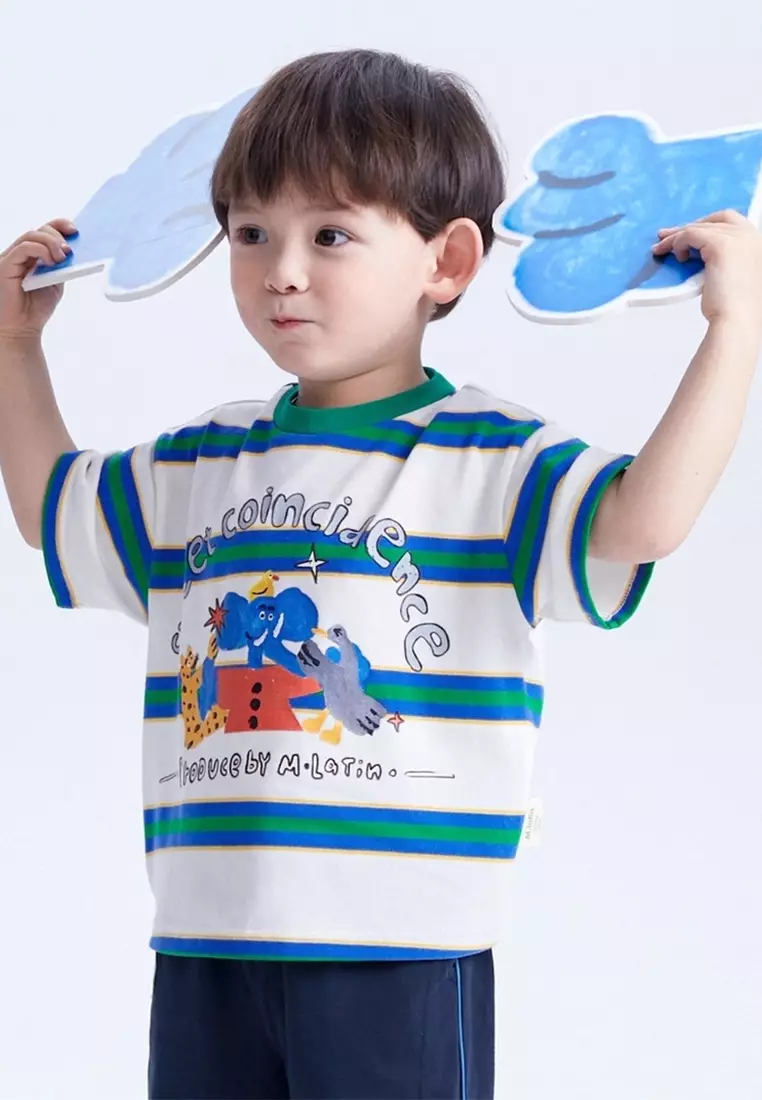 男小童趣味艺术家图案色织条纹面料短袖T恤