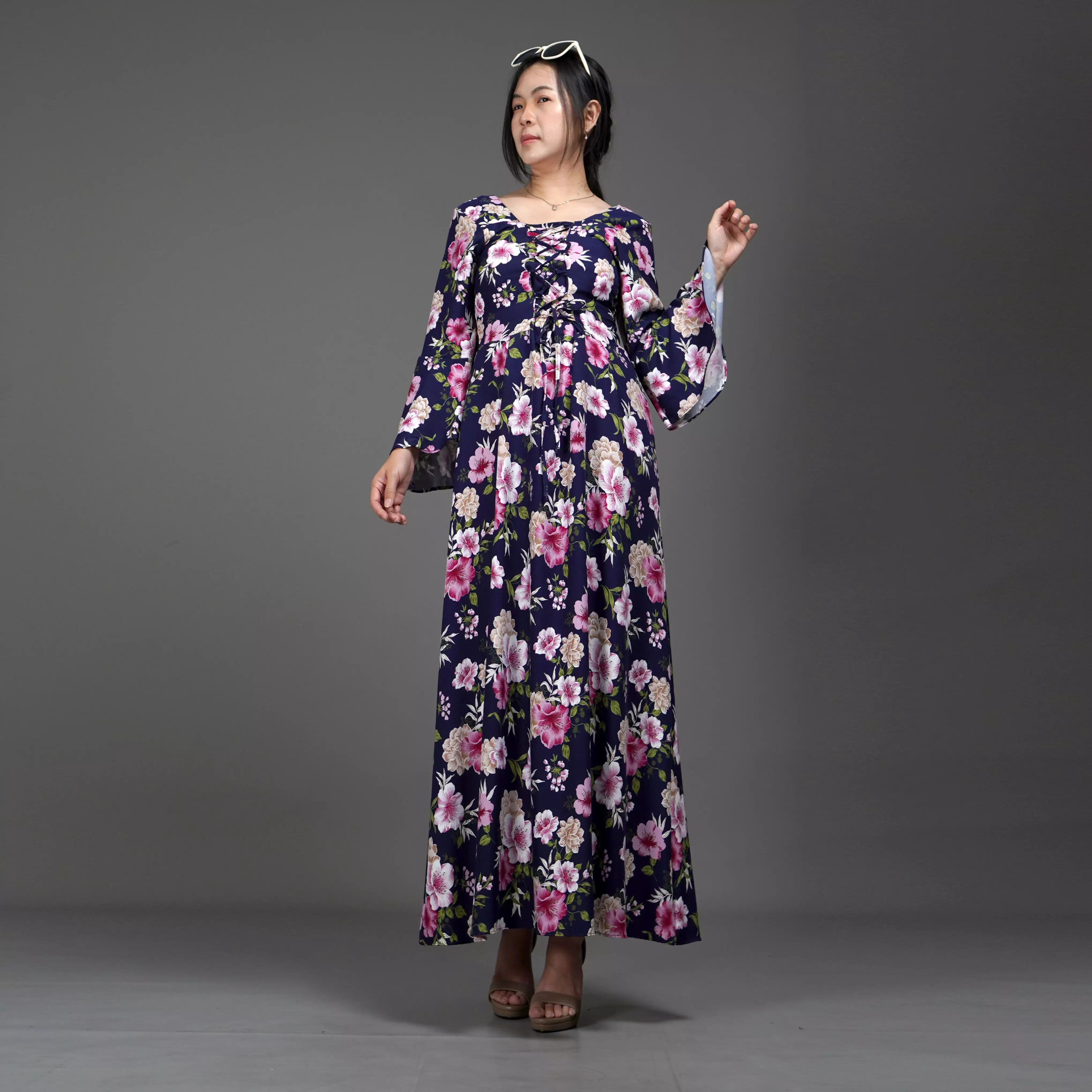 CLOVERIA Long Dress Motif Bunga Gaya Korea Dress Wanita Korean Style - Navy