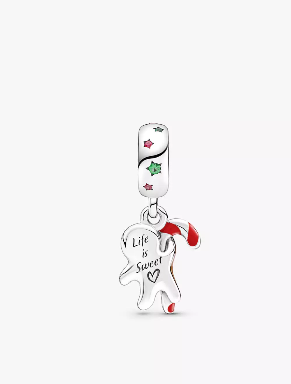 Ginger bread man with candy cane sterling silver dangle with spectra green crystal, red cubic zirconia, red, pink, brown and green enamel