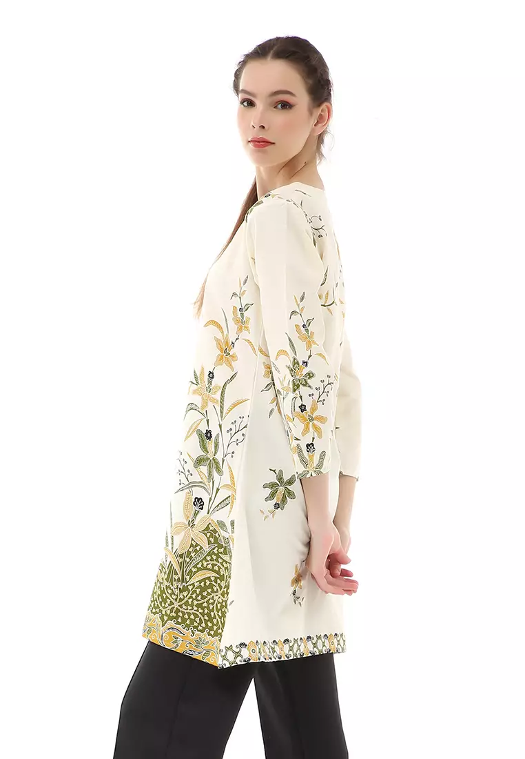 Olaf Atasan Batik Wanita Tunik Traditional Motive Simple Design Material Cotton ORIGINAL - White Green