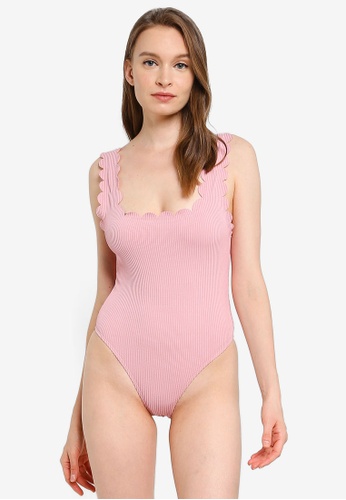 Buy TOPSHOP Pink Scallop Square Neck Swimsuit Online ...