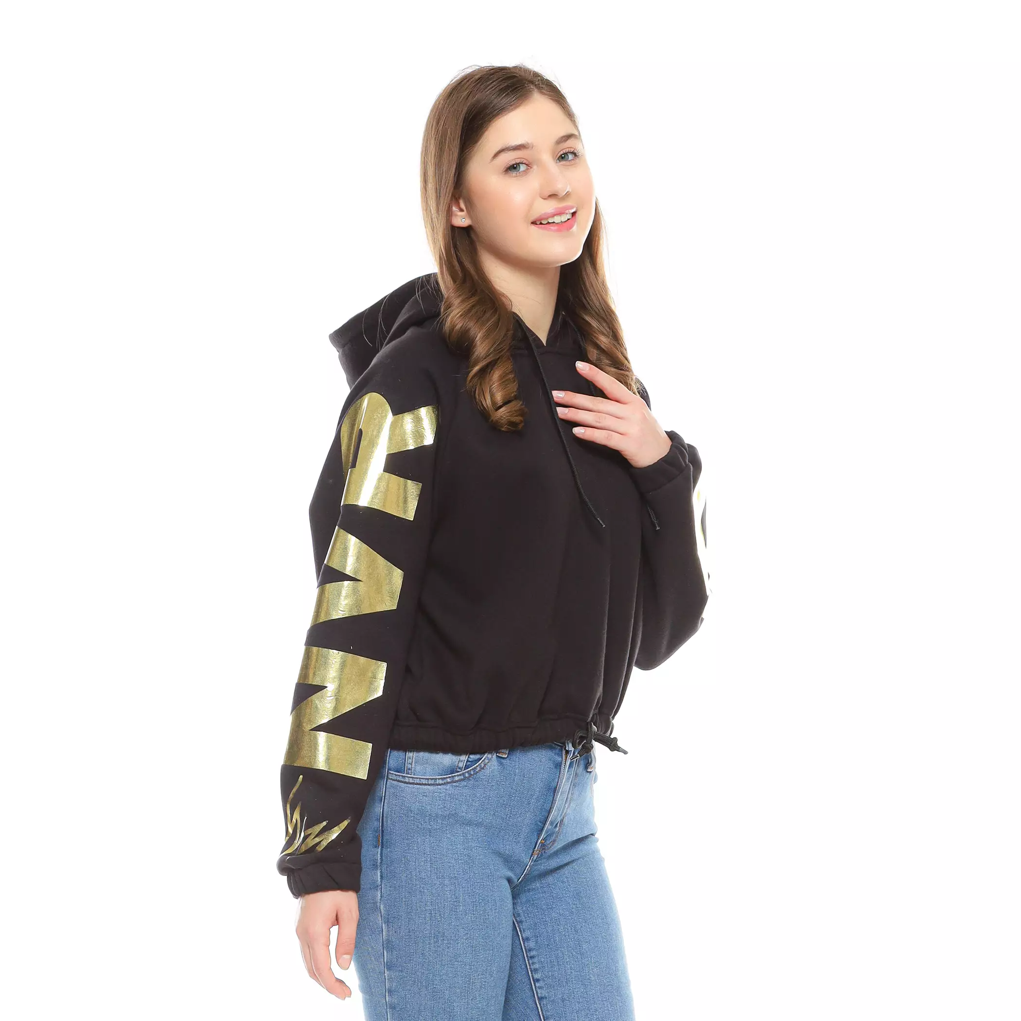 Enough For Today - Hoodie Sweater Crop Oversize Reglan Wanita Hitam Gold Millennium