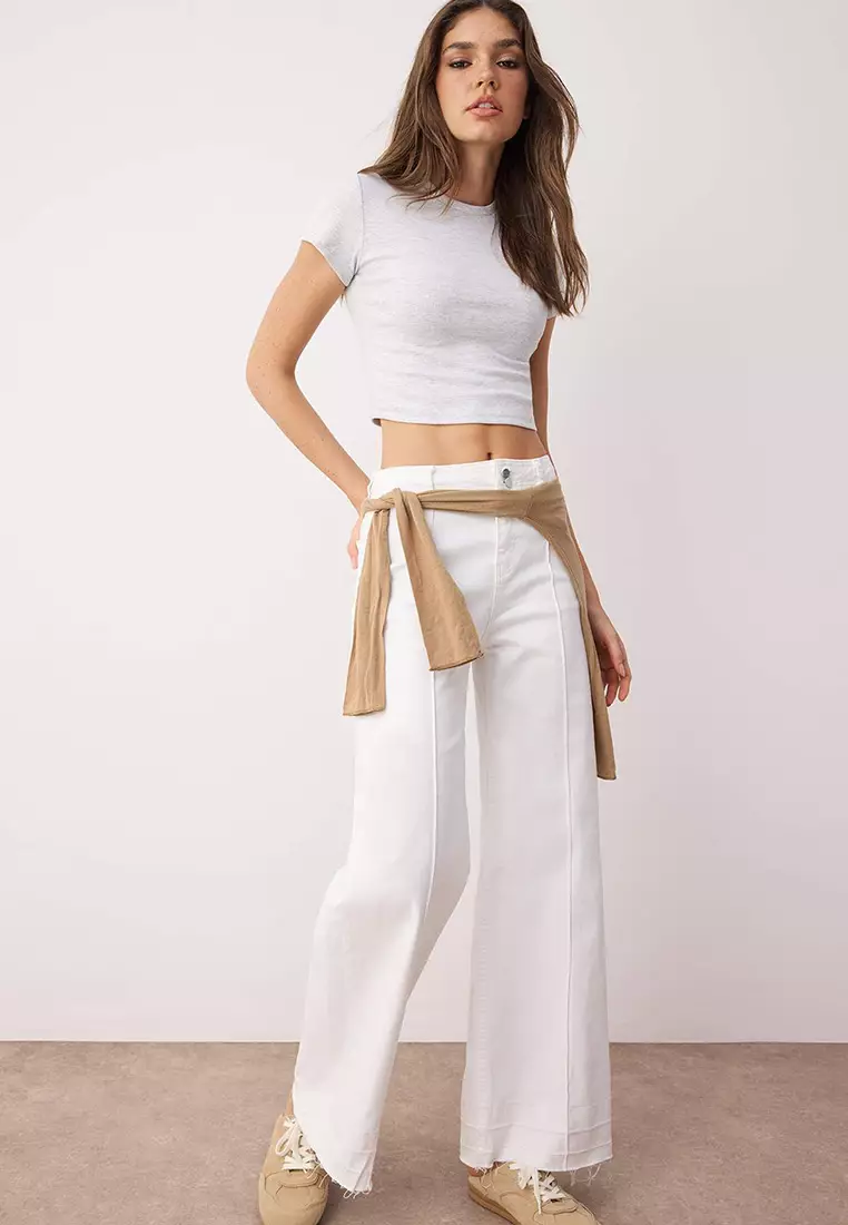 White High Waist Ribbed Detailed Cut-Out Wide Leg Jeans