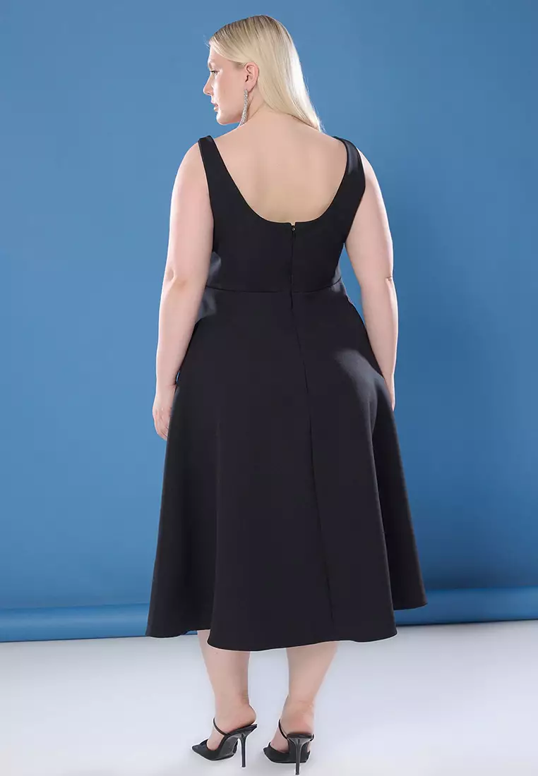 Black Sleeveless Midi A-Line Stoned Bow Belted Woven Plus Size Dress Tbbss25Ah00143