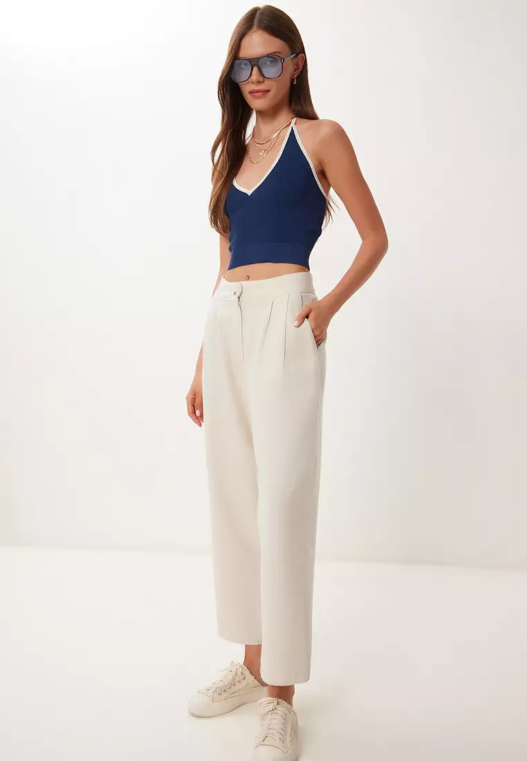 Women's Cream Pocket Linen Baggy Trousers Bv00164