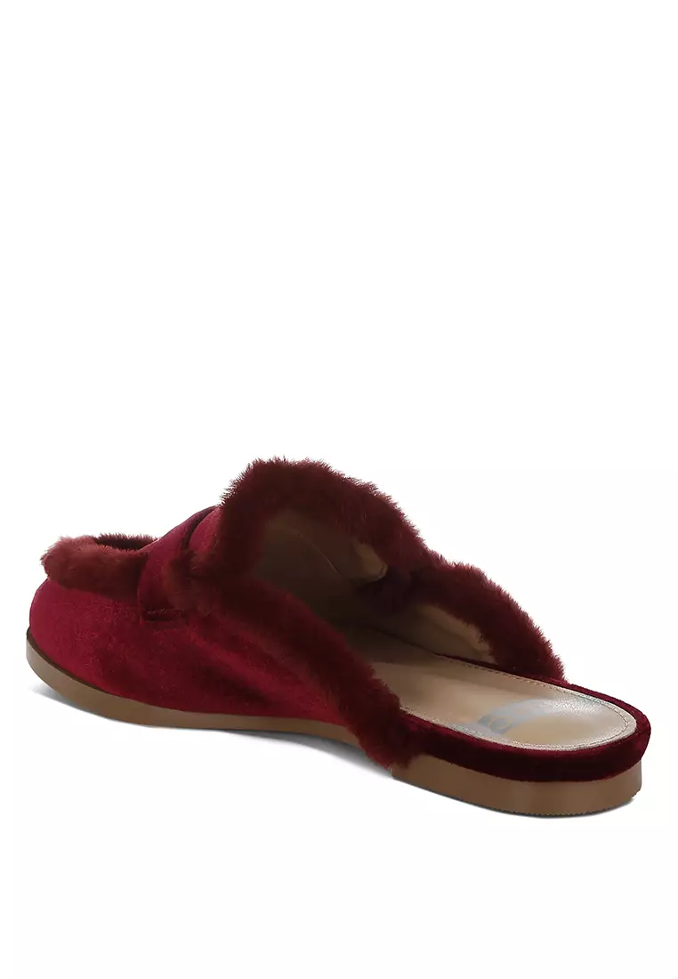 Fur Detail Velvet Slip-On Mules in Burgundy