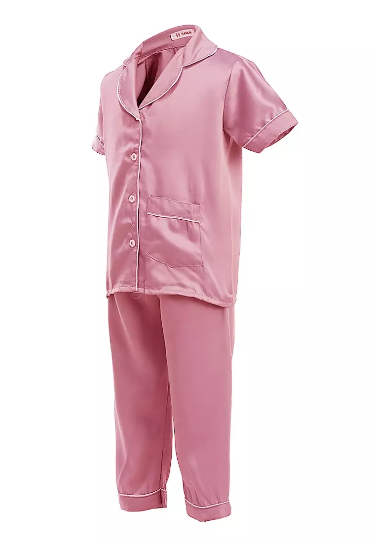 Joyce Piyama Anak Unisex Lengan Pendek Kids Pajamas Motif Polos Material Satin ORIGINAL - Dusty Pink