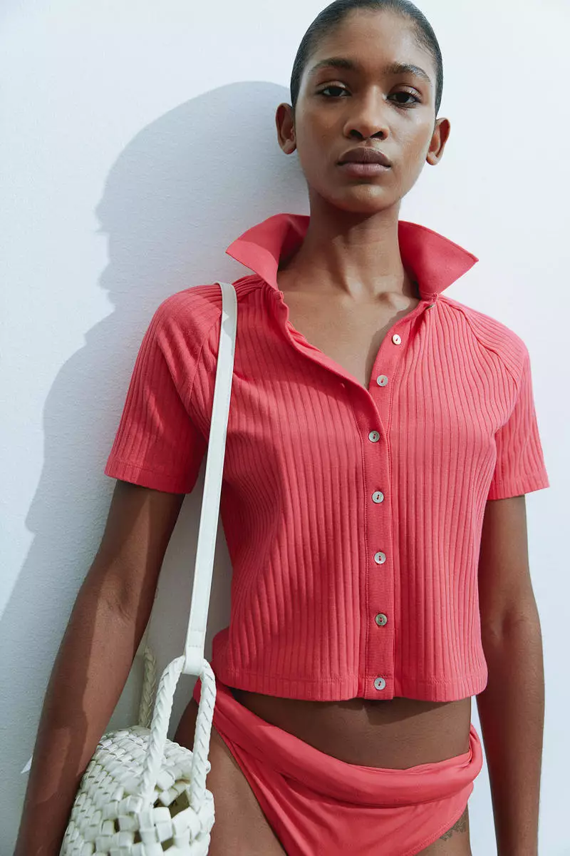 Ribbed button-front top