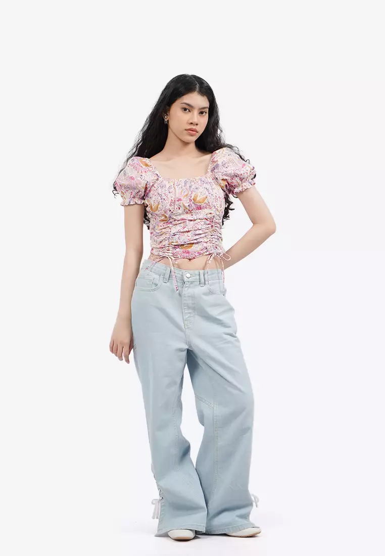 Ruched Printed Puff Sleeves Top