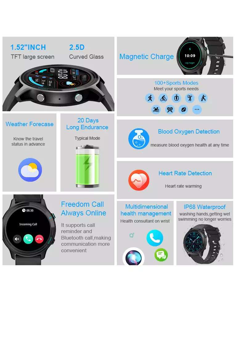 SmartWatch Z123 Bluetooth Call Jam Pintar 24H Temperature Monitoring Sport Fitness Touch Screen AI Voice Assistant blue
