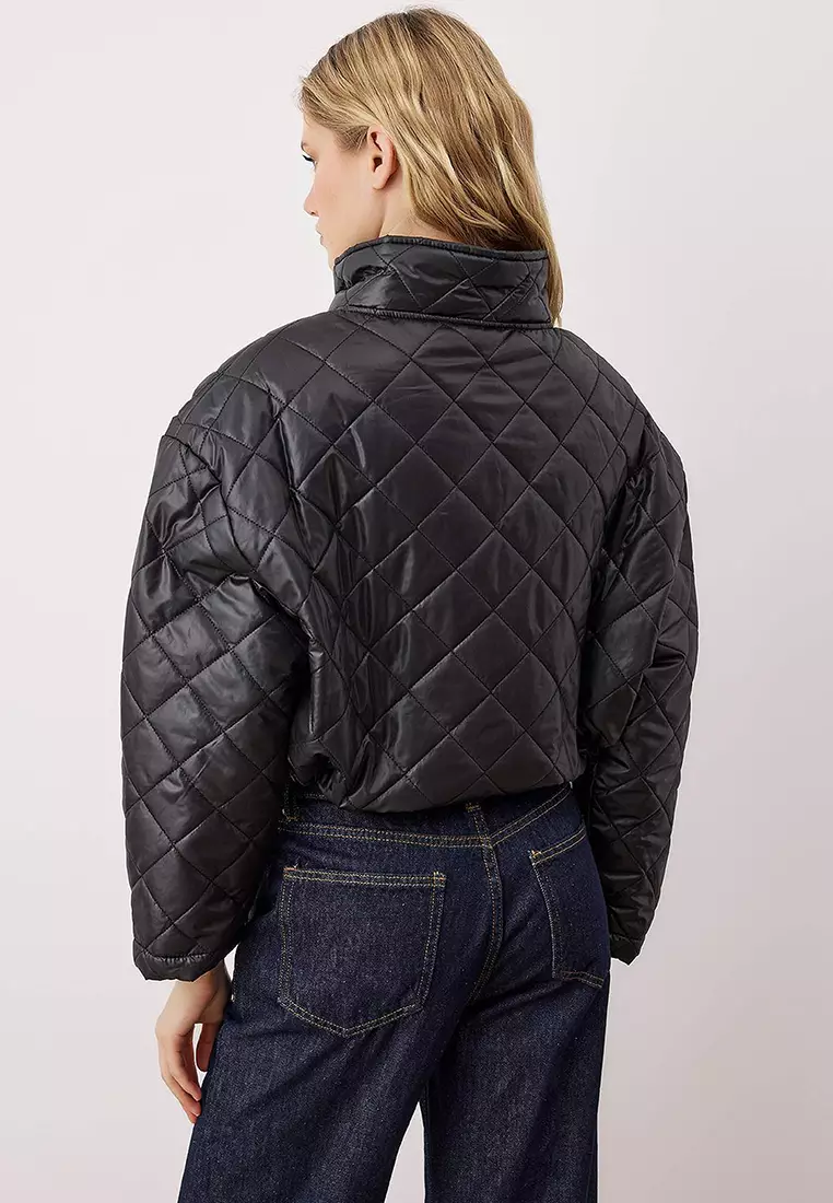 Black Regular Fit Faux Leather Pocket Detailed Quilted Coat