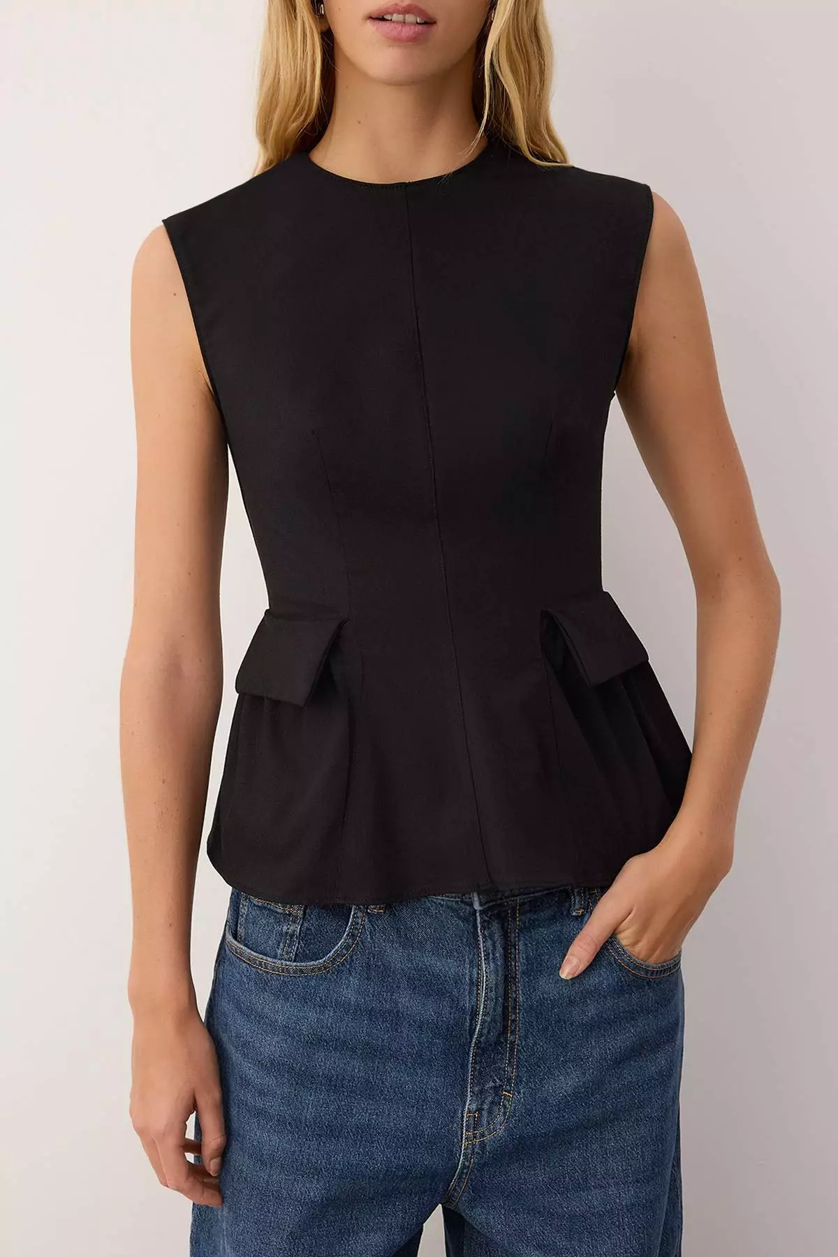 Black Cotton Gabardine Peplum Pocket Detailed Woven Blouse