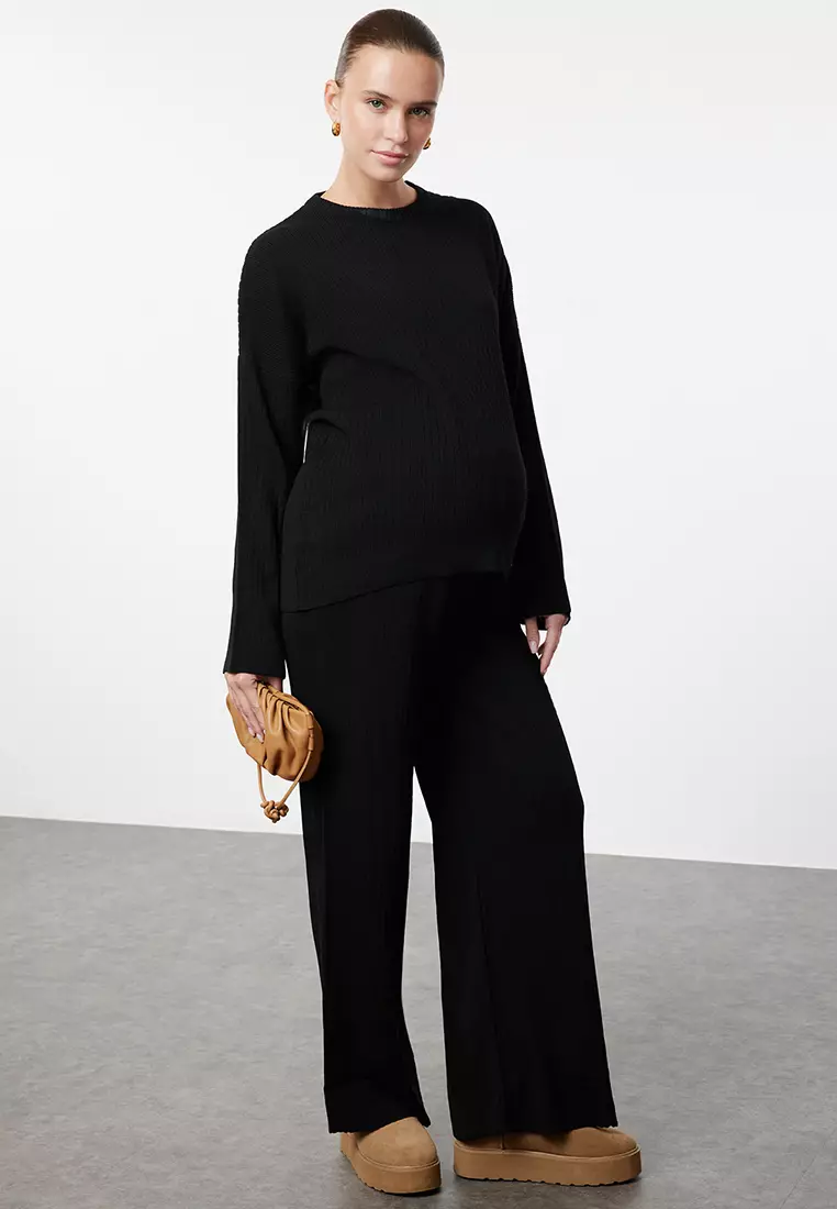 Plus Size Black Knitwear Sweater And Trousers Set Ribbed Crew Neck