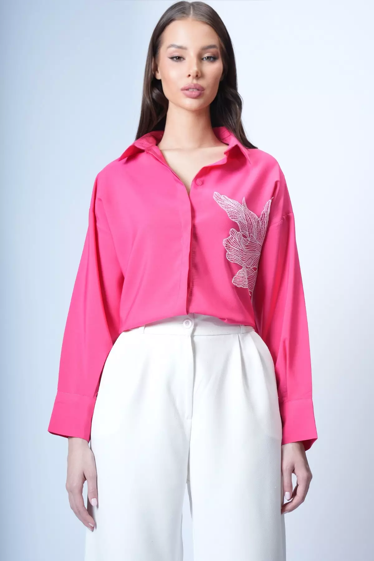 Fuchsia Floral Embroidered Oversize Woven Shirt Alc-X12651