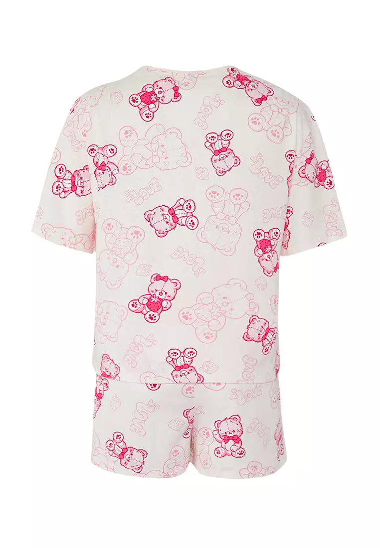 Pink 100% Cotton Teddy Bear Shorts Knitted Pajama Set THMSS25PT00367