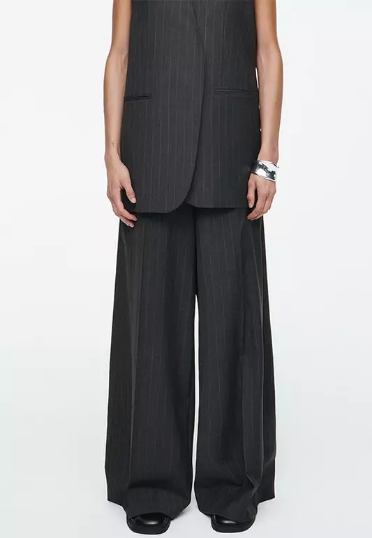 Regular Pinstriped Wool Wide-Leg Trousers